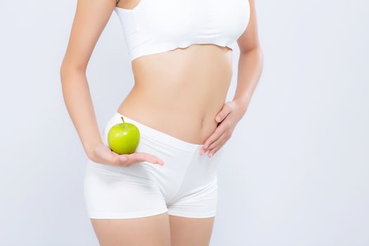 Beautiful body woman sexy slim holding green apple with cellulit