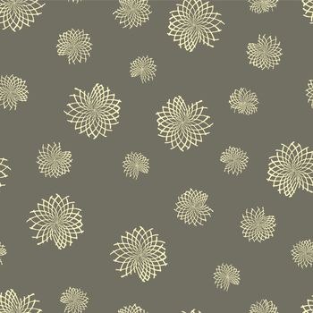 Hand-drawn seamless floral pattern. yellow line art abstract round flowers on a gray background. Vector for design of fabrics, packaging, wrapping paper, bedding.