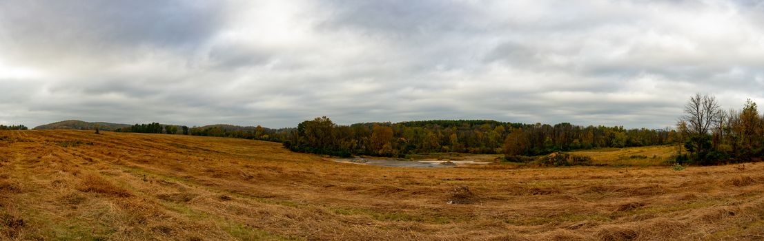 A Panoramic Shot of a Large Open Field During Autumn Used to Train the Soldiers at Valley Forge