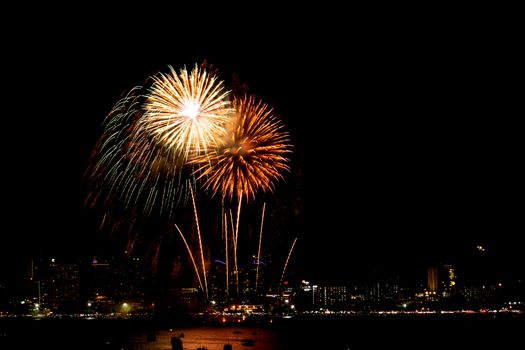 Many flashing fireworks with night cityscape background celebrat