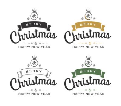 Merry christmas and happy new year typography label with symbols