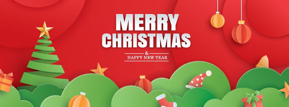 Merry christmas and happy new year red greeting card in paper ar