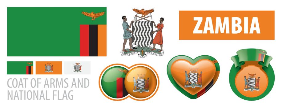 Vector set of the coat of arms and national flag of Zambia