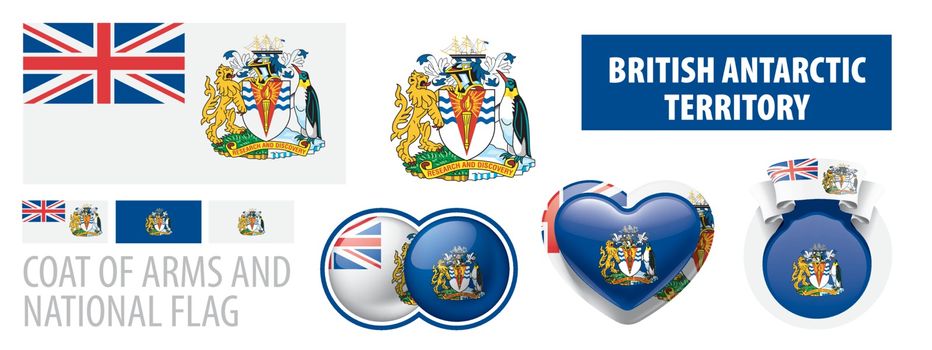Vector set of the coat of arms and national flag of British Antarctic Territory.