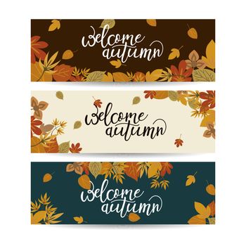 Three Autumn Nature Banners With Colorful Leaves. Layered Vector