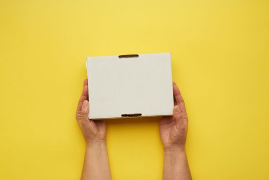 two female hands hold closed paper box on a yellow background
