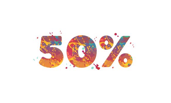 50 percent - typography inscription with multicolored spots of paint in red, yellow, teal colors on white background