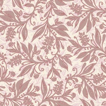 Floral seamless pattern with leaves and berries in pink, taupe, cream and red colors