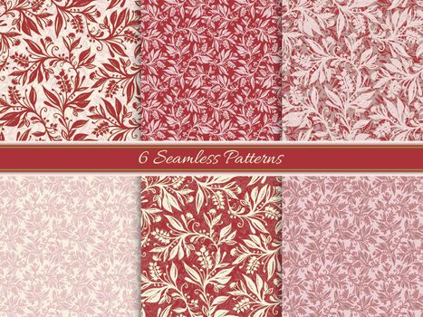 Set of 6 Floral seamless patterns with leaves and berries in wine red, pink, cream, chartreuse green, taupe colors