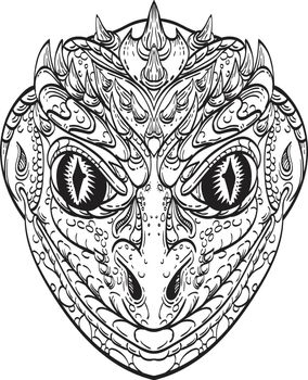 Head of a Reptilian Humanoid or Anthropomorphic Reptile Part Human Part Lizard Line Art Drawing