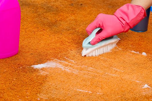 Woman Hand Cleaning Stain On Carpet With hard brush. Orange carpet cleaning. carpet cleaning service concept