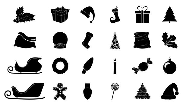 Christmas silhouette icon set. Collection of black december holiday symbol. Black and white illustration isolated on white background. Holly berry, santa sleigh, hat, bag, bauble, light bulb etc. 