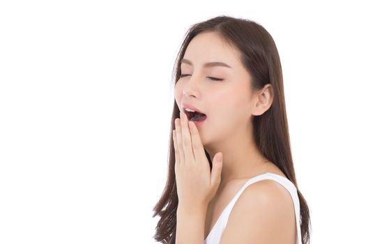 Beautiful portrait young asian woman yawn want resting with slee