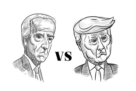 Caricature drawing portrait of Donald trump and Joe Biden, sad f