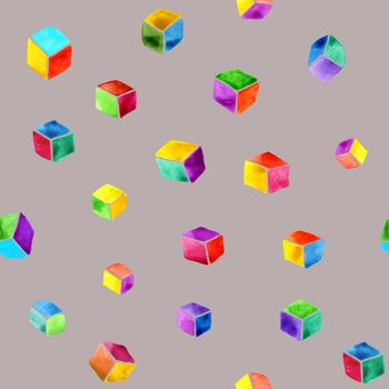 Abstract watercolor seamless pattern of multicolored cubes on a taupe background