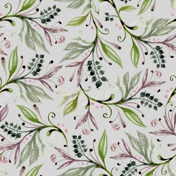Floral watercolor seamless pattern with leaves and berries in green and broun colors.