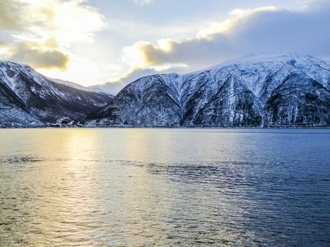 Winter landscape and morning time sunrise at Sognefjord Norway.