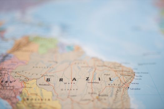 The Country of Brazil on a Colorful and Blurry South America Map