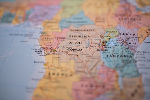 The Democratic Republic of the Congo on a colorful and blurry map of Africa