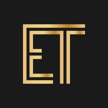 Uppercase letters E and T. Flat bound design in a Golden hue for