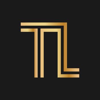 Uppercase letters T and L. Flat bound design in a Golden hue for