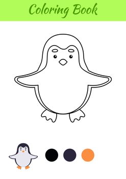 Coloring page happy penguin. Coloring book for kids. Educational activity for preschool years kids and toddlers with cute animal. Flat cartoon colorful vector illustration.