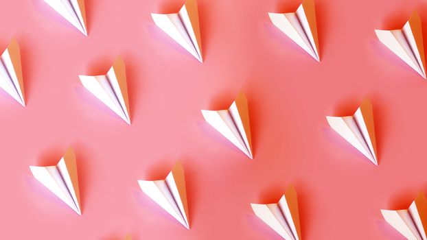 Paper planes on a coral background. Travel or smm concept