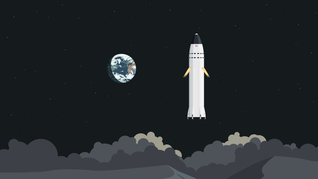 May 6, 2020: Detailed flat vector illustration of the landing of SpaceX Lunar Optimized Starship on the Moon with Earth in the background.