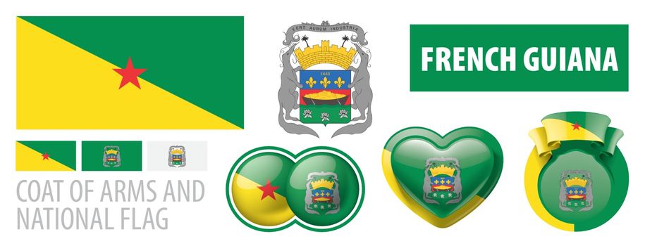 Vector set of the coat of arms and national flag of French Guiana