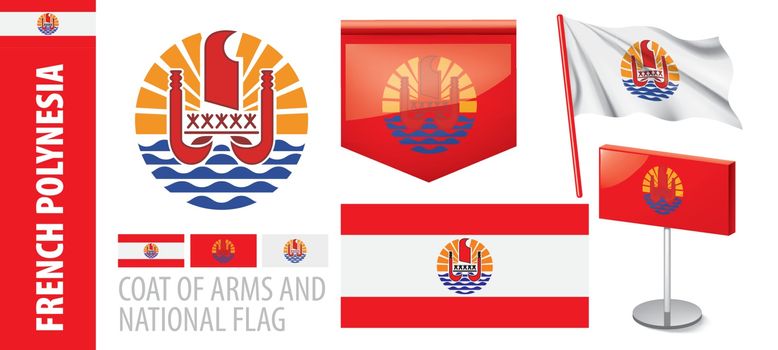 Vector set of the coat of arms and national flag of French Polynesia