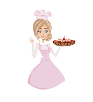 beautiful lady confectioner serves chocolate cake with cherry
