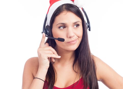 Christmas headset woman from telemarketing call center wearing r