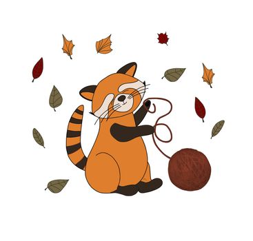 Autumn composition isolated on white background. Autumn sticker. cute animal. Red panda