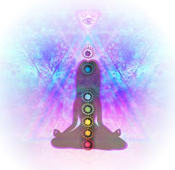 Yoga lotus pose. Padmasana with colored chakra points.