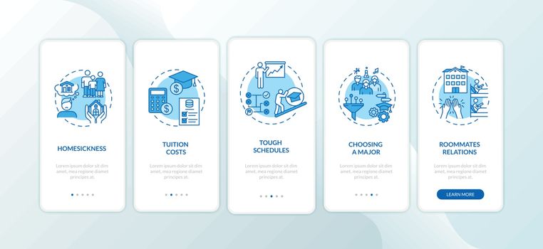 University difficulty onboarding mobile app page screen with concepts