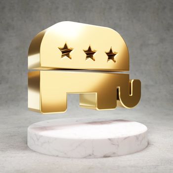 Republican icon. Shiny golden Republican symbol on white marble podium.