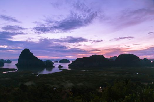Silhouette of Phang Nga bay from Samet Nangshe viewpoint in the 