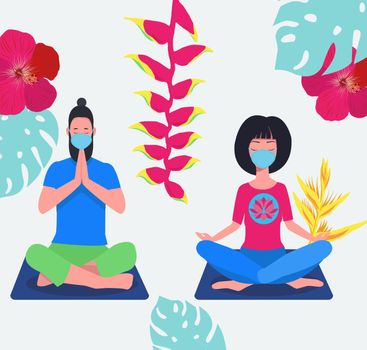 Couple doing yoga with face mask on sitting in padmasana lotus p