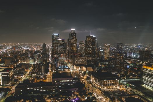 Circa November 2019: Aerial View of Downtown Los Angeles Skyline with City Lights from Aerial Perspective