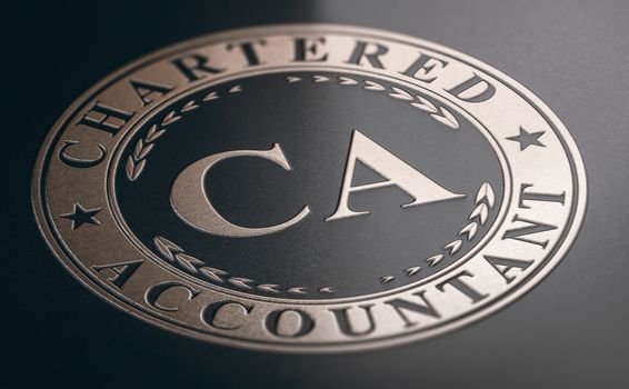 Chartered Accountant Certification. Golden stamp printed on a black paper background. 3d illustration