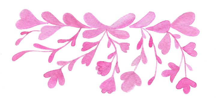 Hand-drawn watercolor flowers and leaves boarder isolated on white