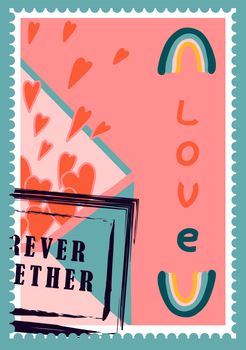 romantic postage stamps. envelopes and cards for valentine's day. Top-down view. Modern vector illustration for web design and print. Retro stamps. Correspondence and postal delivery concept
