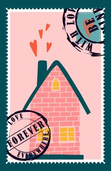 romantic postage stamps. envelopes and cards for valentine's day. Top-down view. Modern vector illustration for web design and print. Retro stamps. Correspondence and postal delivery concept