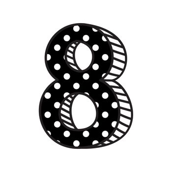 Hand drawn vector number 8 with white polka dots on black, isolated on white background