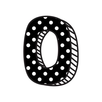 Hand drawn vector number 0 with white polka dots on black, isolated on white background