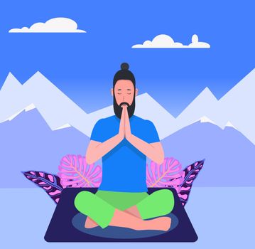 Man doing yoga sitting in padmasana lotus pose 