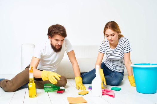 Married couple joint cleaning girlfriend detergent lifestyle