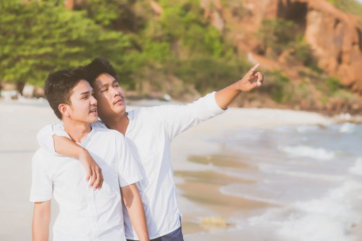 Homosexual portrait young asian couple standing pointing somethi