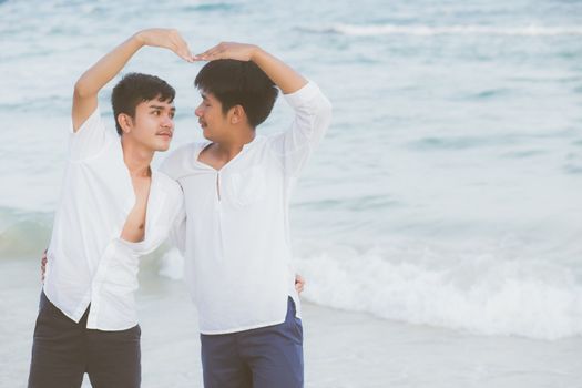 Homosexual portrait young asian couple stand gesture heart shape