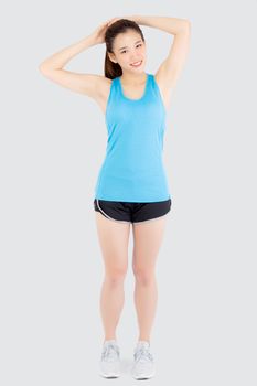 Beautiful portrait young asian woman standing workout stretch mu